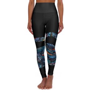 High Waisted Yoga Leggings, Black with blue feather stripes