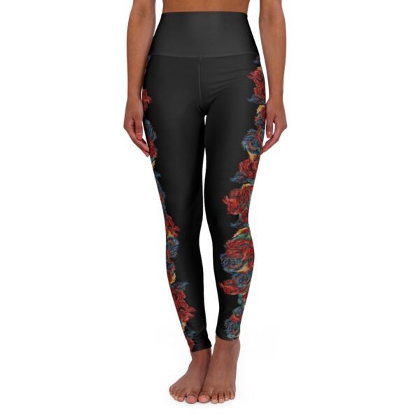 High Waisted Yoga Leggings, Black with red feather design