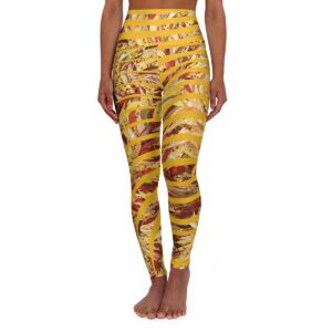 High Waisted Yoga Leggings,Gold Feather print with gold stripes