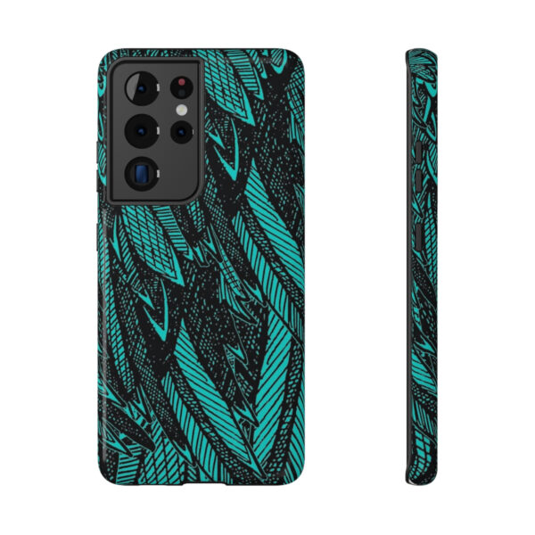Phone Case-Impact Resistant-Black/Turquoise Feather Design-Hand Drawn Detail