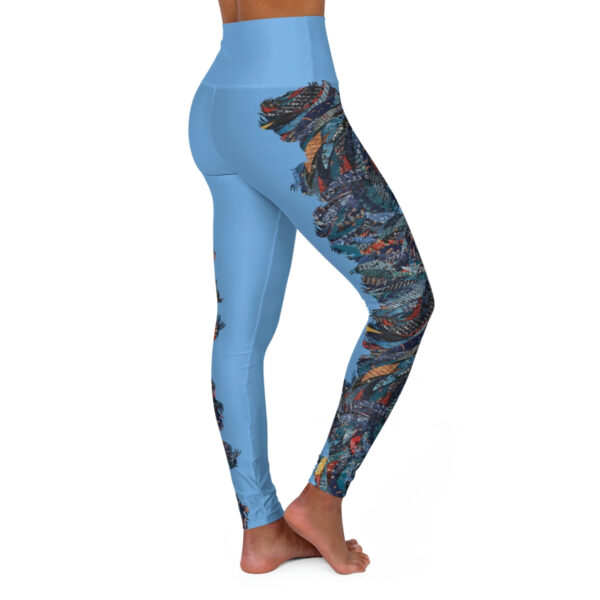 High Waisted Yoga Leggings-Lt. Blue/Navy Feathers-Cambodia Detail