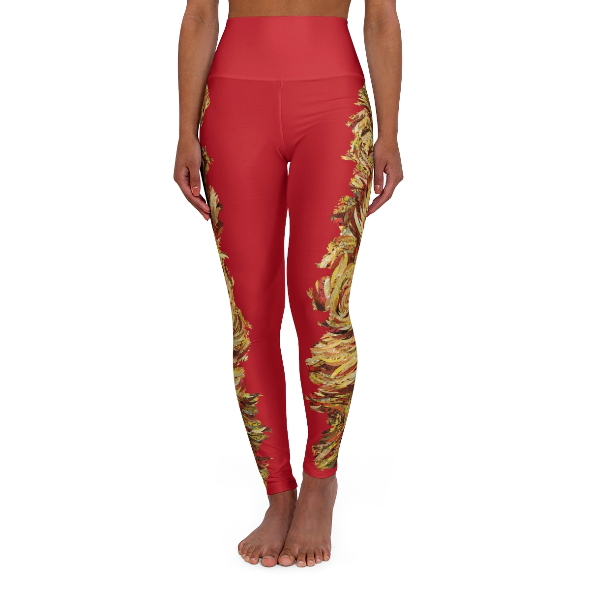 High Waisted Yoga Leggings-Red/Gold Feather Print-Turbulence Detail