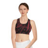 Racerback Sports Bra-Black/Coral Feather Print-Hand Drawn Detail - Image 3