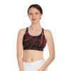 Racerback Sports Bra-Black/Coral Feather Print-Hand Drawn Detail - Image 7